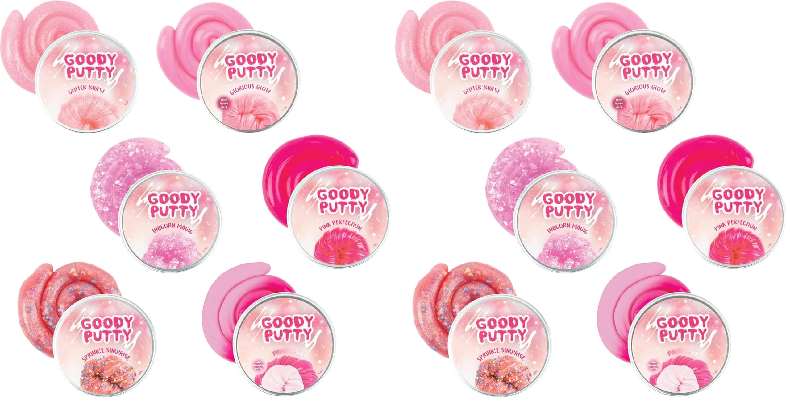 Goody Putty Pink Toy Slime Set | 12 Tins (355ml / 1.1lb) | Non-Toxic, Glow-in-the-Dark, Color-Changing — Pink