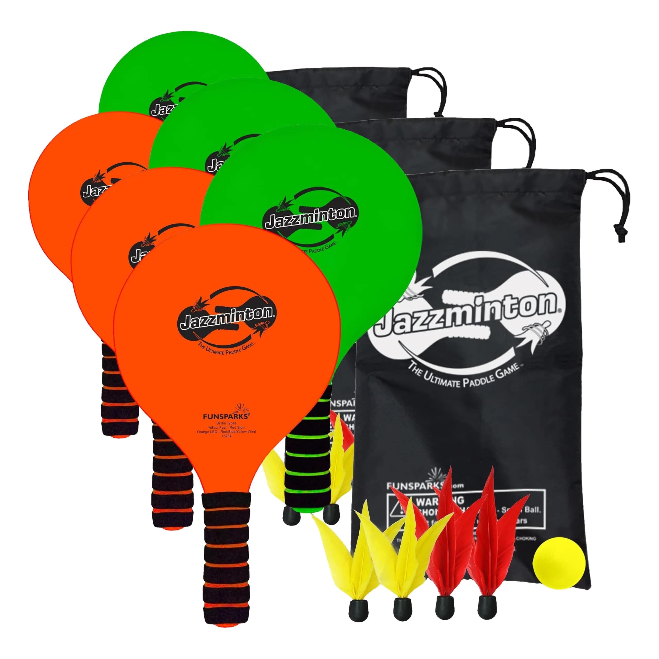 Jazzminton Select Paddle Ball Game Set with Carry Bag - 2 Wooden Racquets, 4 Shuttlecocks, 1 Ball (Pack of 3) | All-Season Fun for Kids & Adults — green, orange