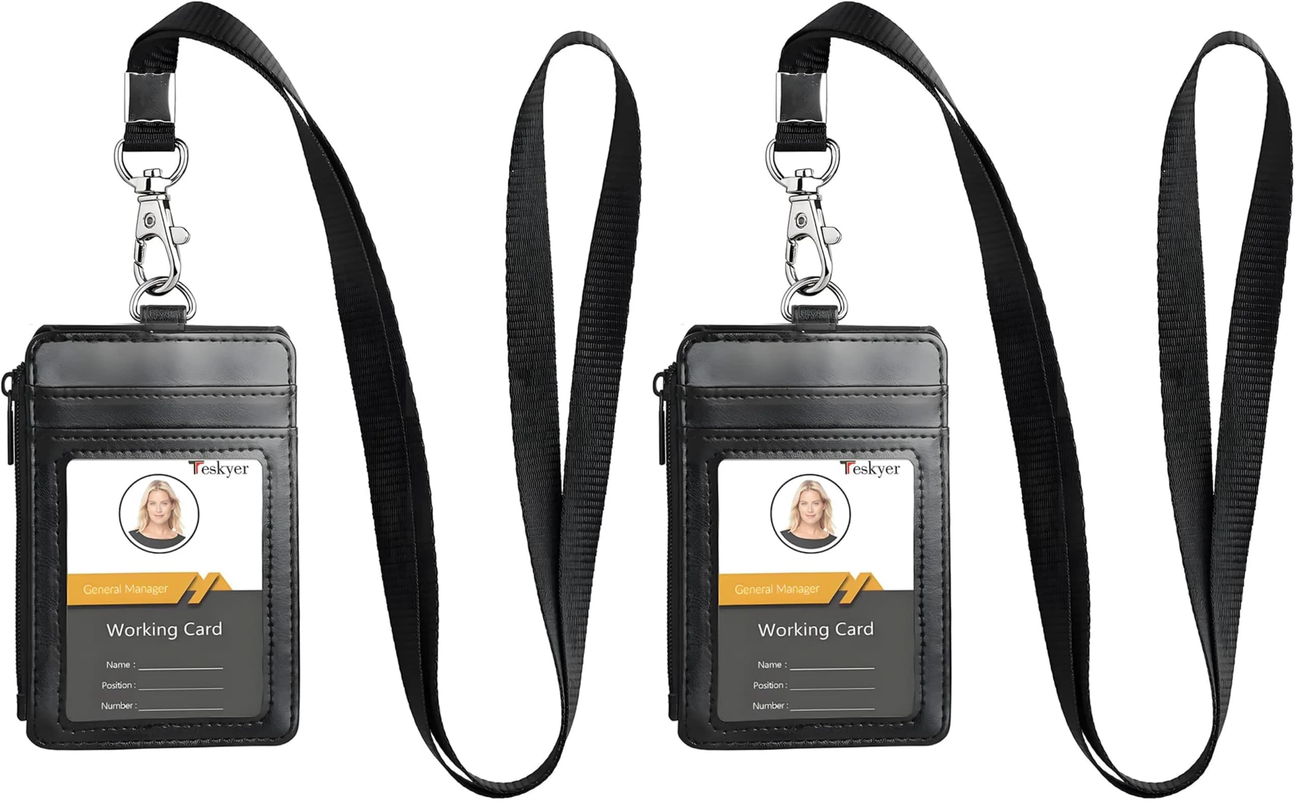 Teskyer Black PU Leather ID Badge Holder with Lanyard & Zipper Pocket - Pack of 2 - main product image