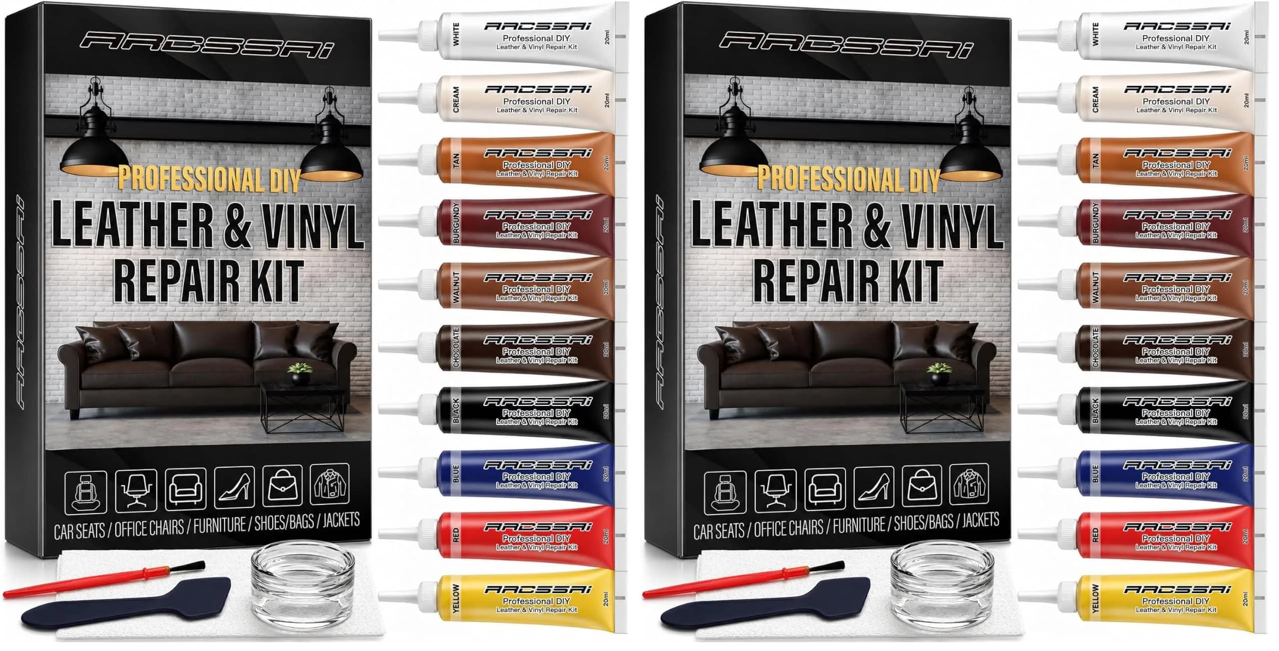 ARCSSAI ARCSSAL Leather Repair Kit for Furniture, Sofa, Jacket, Car Seats & Purse | 10 Colors, Pack of 2 - main product image