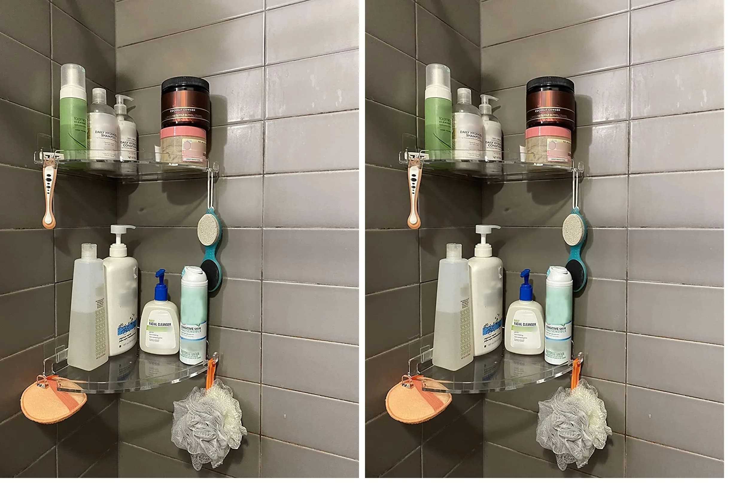 JiePai Acrylic Corner Shower Caddy Shelf with Hooks 4 Pack | Space-Saving Bathroom Organizer
