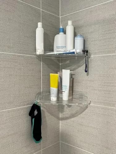 JiePai Acrylic Corner Shower Caddy Shelf with Hooks 4 Pack | Space-Saving Bathroom Organizer thumbnail 4