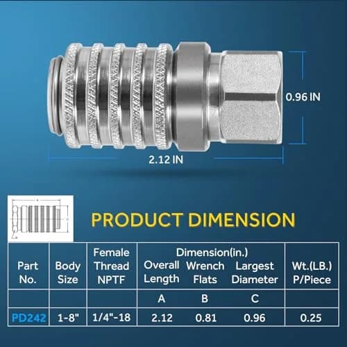 Yoursme PD242 Series Steel Test Port Quick Coupler 1/8" Body, 1/4"-18 NPTF Thread, 2.12" Length, 6000 PSI, Pack of 2 | Hydraulic Pneumatic Diagnostic Equipment thumbnail 5
