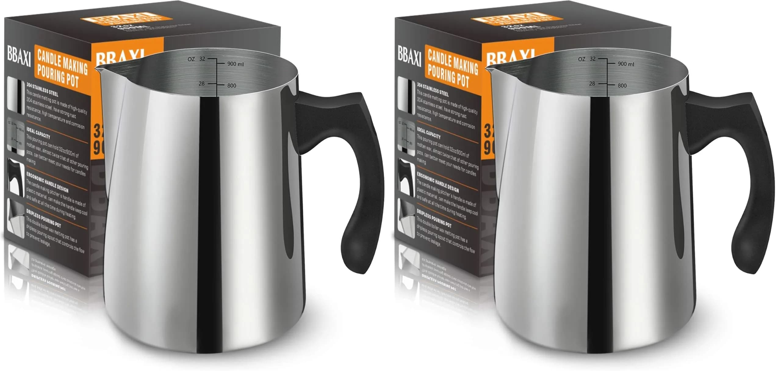 BBAXI 32oz (900ml) Stainless Steel Candle Making Pouring Pot with Heat-Resistant Handle & Dripless Spout — Pack of 2 | Ideal for DIY Candle Making — Candle Pot