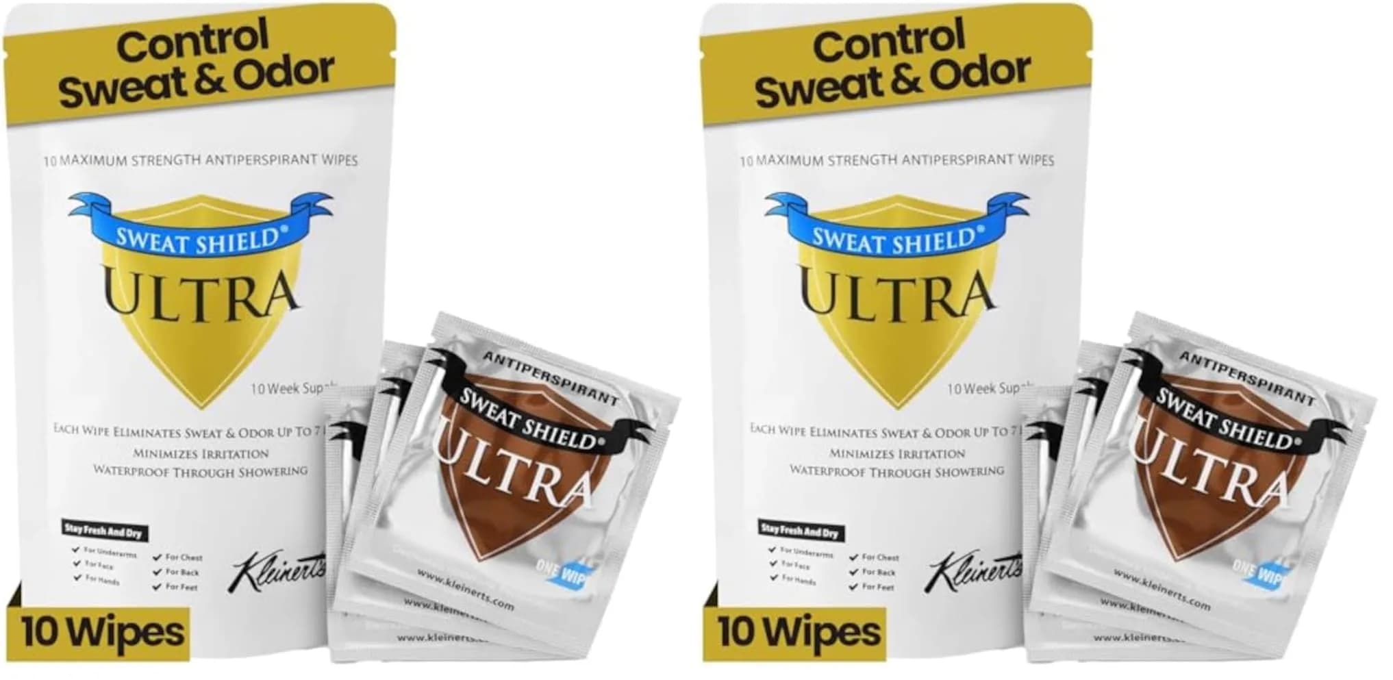 Kleinert's Antiperspirant Wipes for Men & Women, 20 Count (10 Wipes x 2 Packs) | Dermatologist-Tested Sweat Control - main product image