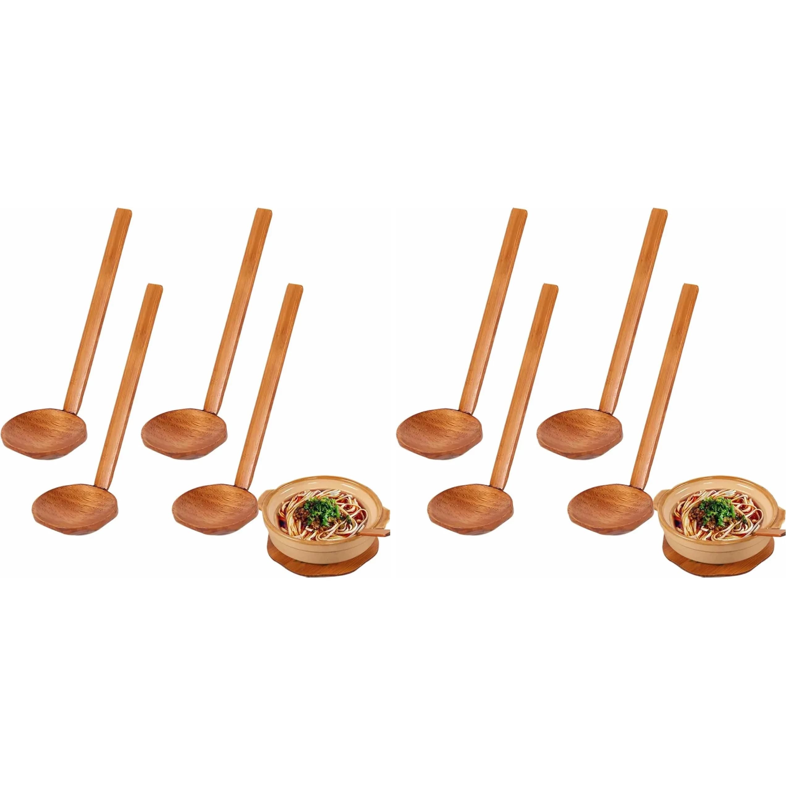 Auswalar Japanese Soup Spoons 22 cm (8.66 in) | Set of 8 Wooden Ramen Spoons for Hot Pot & Porridge