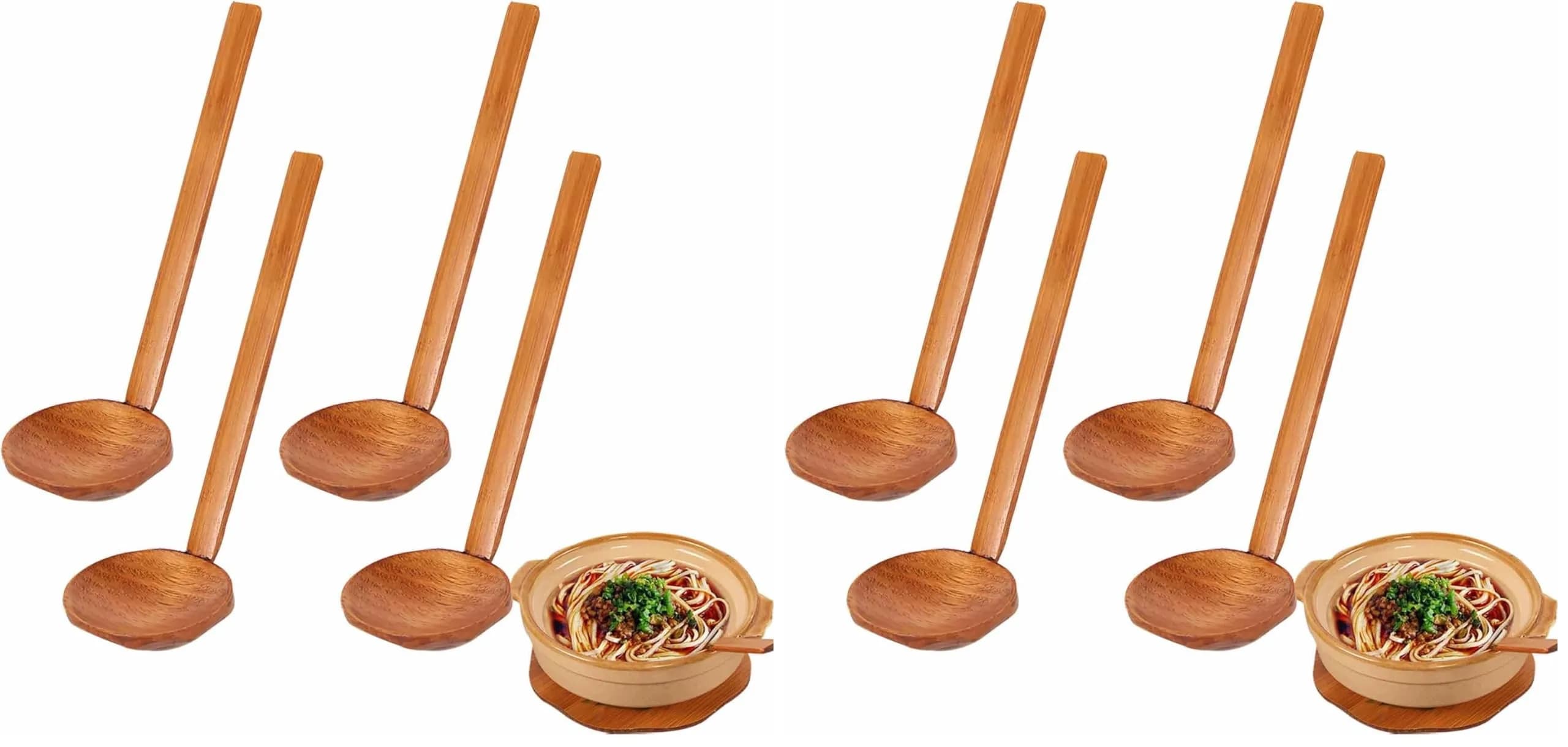 Auswalar Japanese Soup Spoons 22 cm (8.66 in) | Set of 8 Wooden Ramen Spoons for Hot Pot & Porridge — Dark Brown