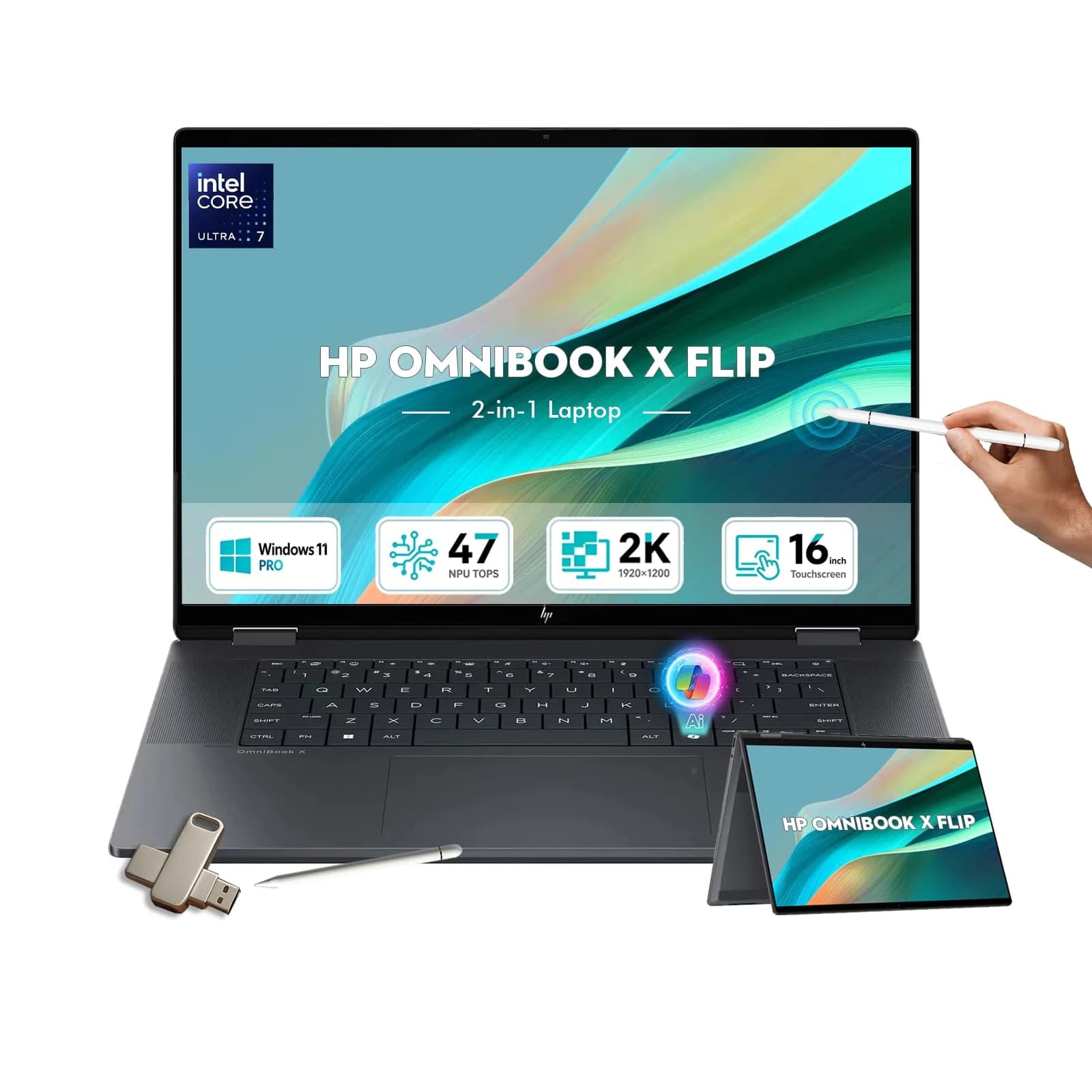 HP OmniBook X Flip 2-in-1 Laptop 16GB LPDDR5 RAM 1TB SSD | AI-Accelerated Creativity & Versatility — Eclipse Gray