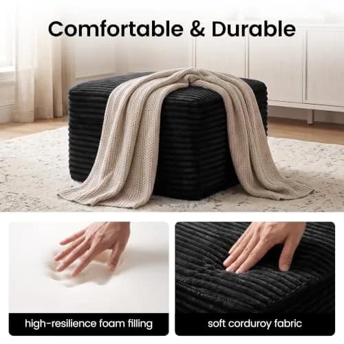 TRUNBACK Boneless Ottoman 27.6" Corduroy Footrest Black | Modern, Plush, Compact thumbnail 7