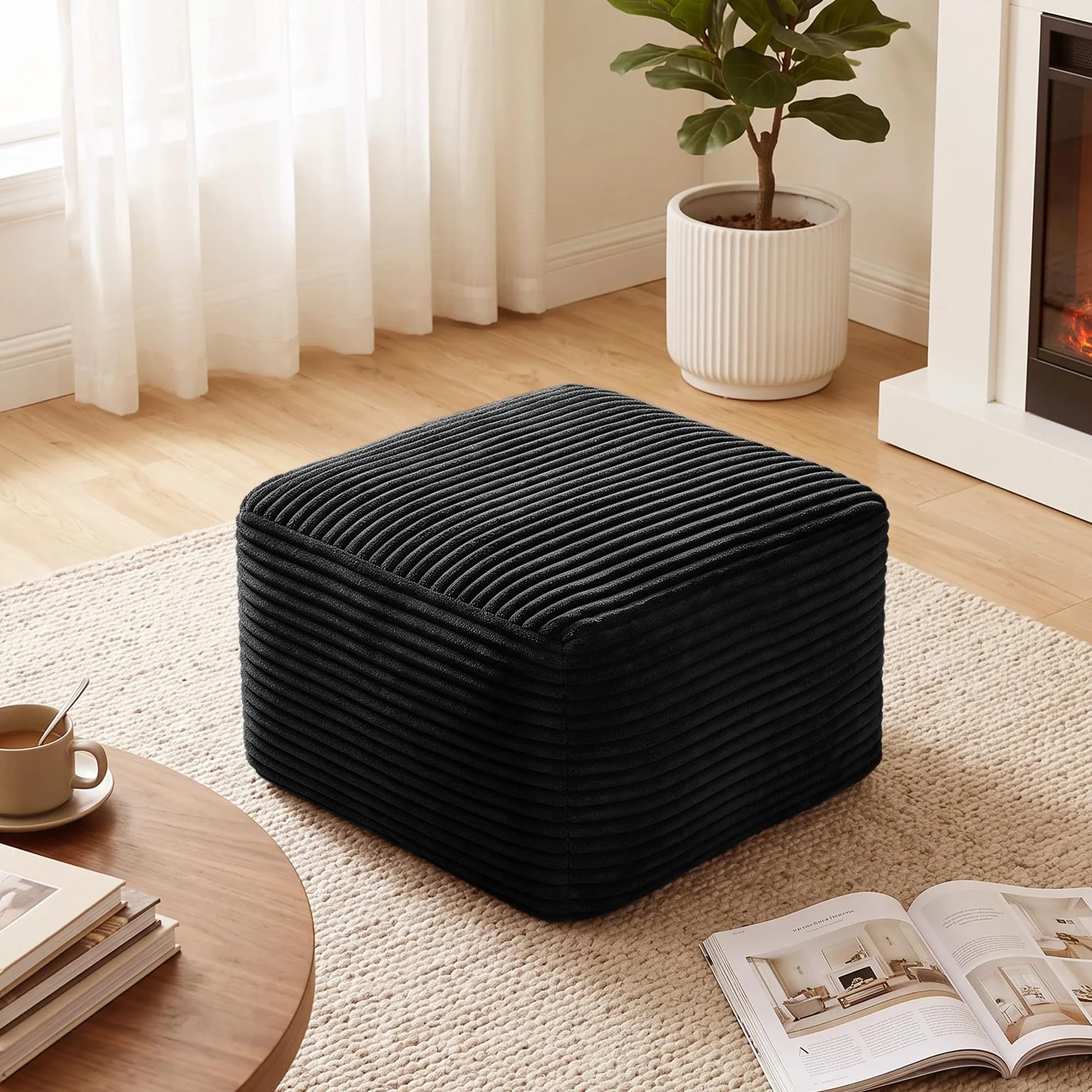 TRUNBACK Boneless Ottoman 27.6" Corduroy Footrest Black | Modern, Plush, Compact