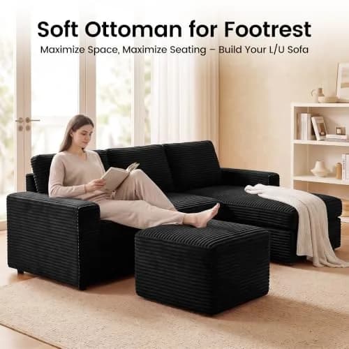 TRUNBACK Boneless Ottoman 27.6" Corduroy Footrest Black | Modern, Plush, Compact thumbnail 4