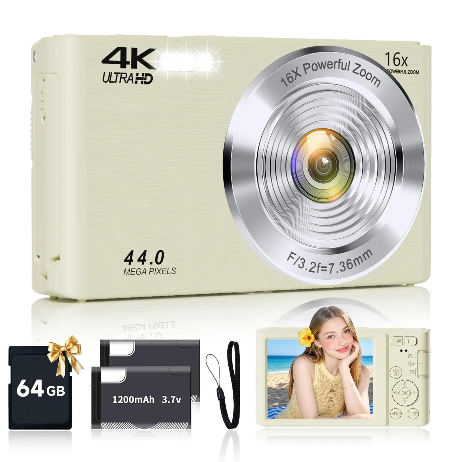 SMARTKLIK Digital Camera for Teens, 4K 44MP FHD 16x Zoom Point Shoot Camera with 64GB Card | 220V Compatible — Cream