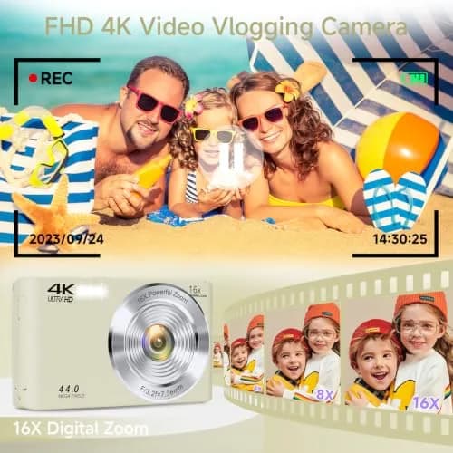 SMARTKLIK Digital Camera for Teens, 4K 44MP FHD 16x Zoom Point Shoot Camera with 64GB Card | 220V Compatible thumbnail 2