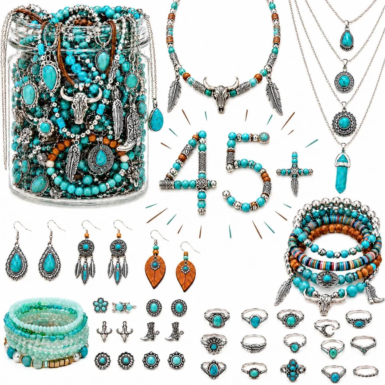 JYSO Mystery Jewelry Jar Bundle – 45+ Piece Turquoise Boho Western Jewelry Set for Women | 11.9"x2.87"x5.98" (30.2cm x 7.3cm x 15.2cm) — Turquoise - Boho