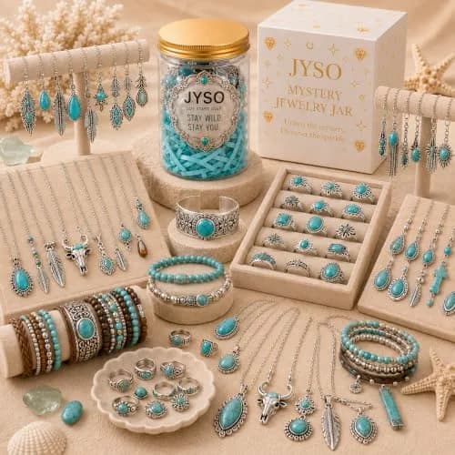 JYSO Mystery Jewelry Jar Bundle – 45+ Piece Turquoise Boho Western Jewelry Set for Women | 11.9"x2.87"x5.98" (30.2cm x 7.3cm x 15.2cm) thumbnail 2