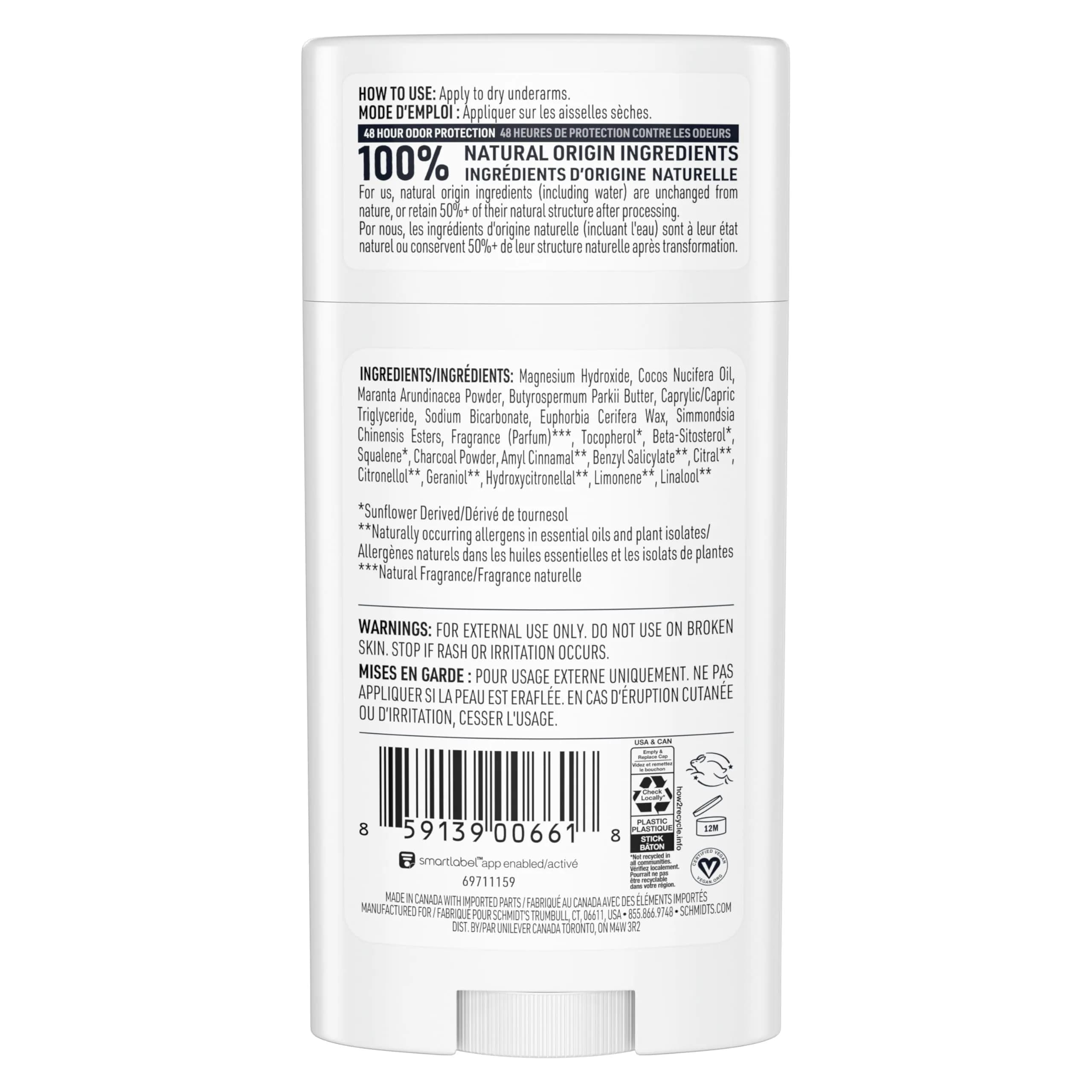 Schmidt's Natural Vegan Deodorant Charcoal & Magnesium Stick 2.6 oz (74g) | 24-Hour Odor Protection - main product image
