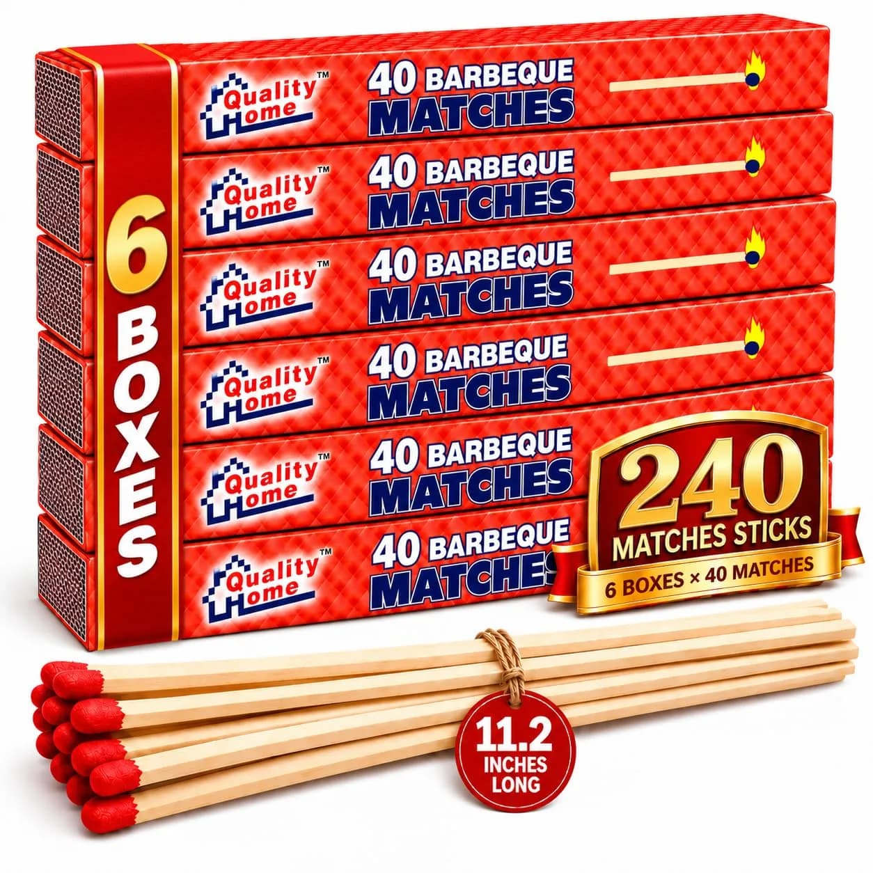 Quality Home 11.2" Extra Long Wooden Safety Matches | Long Reach Fireplace & BBQ (6 Pack) — Natural Wood