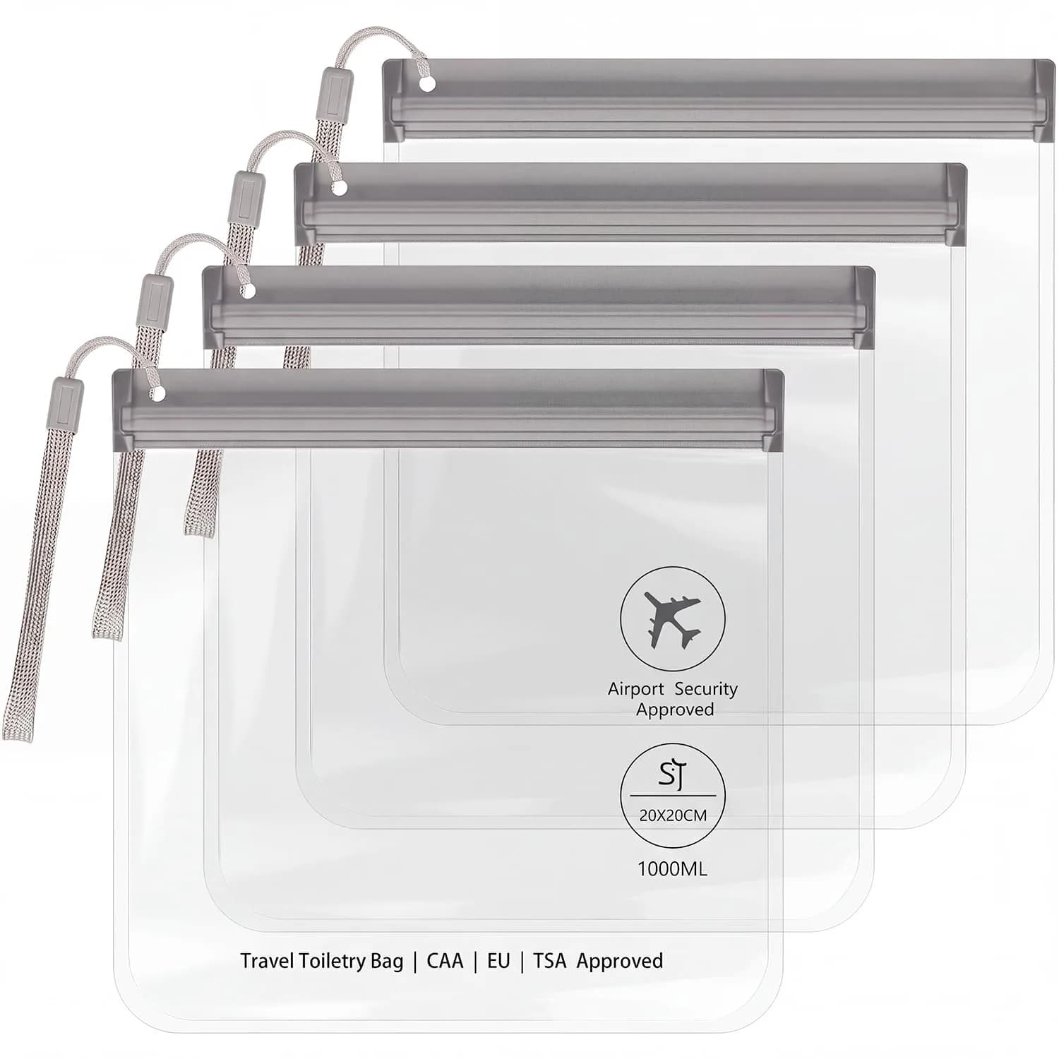 SLIJAR 4Pcs Clear TSA Approved Security Toiletry Bag Quart Size (Grey) | Leakproof & Leakproof — Grey