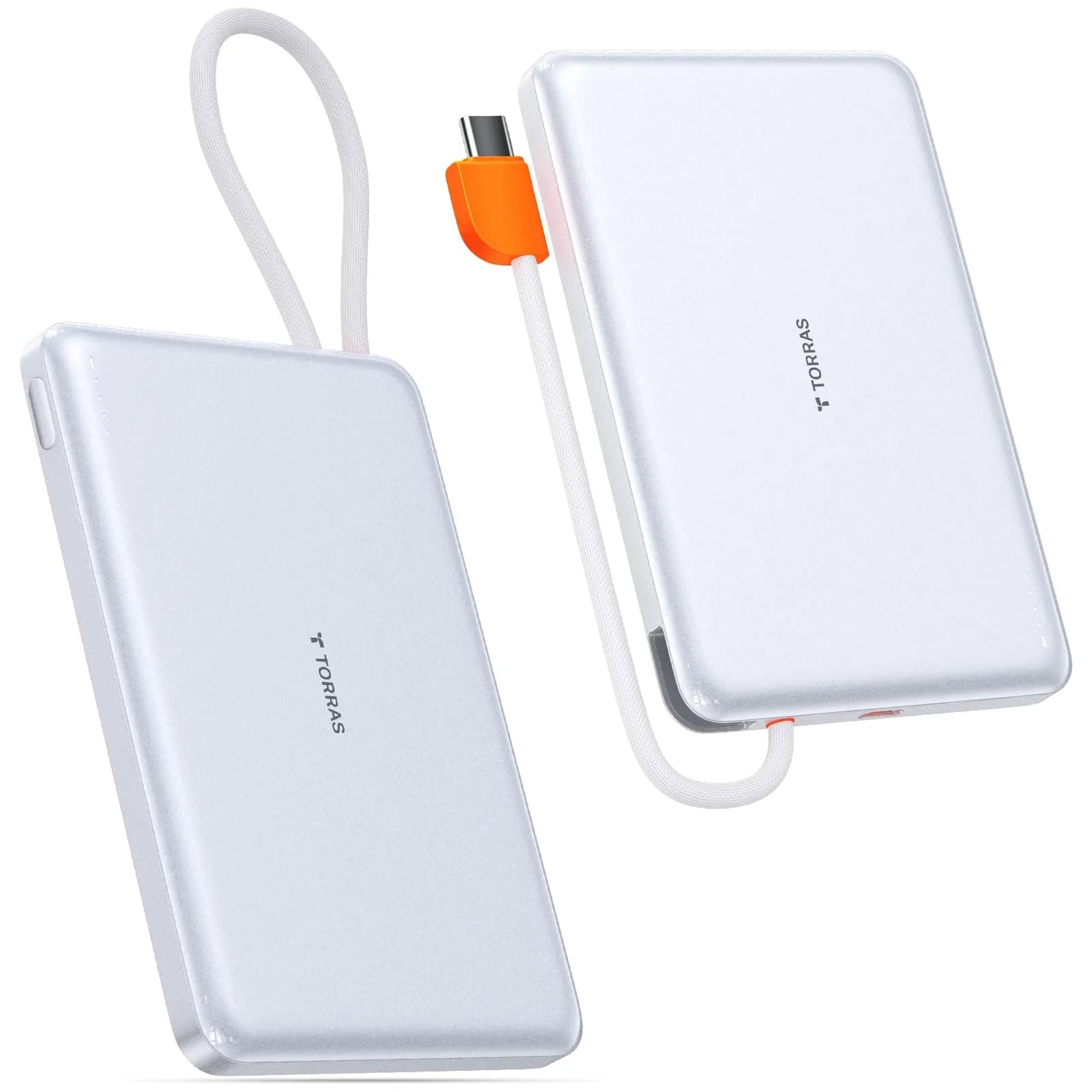 TORRAS 10000mAh Power Bank with Built-in USB-C Cable | Slim, Fast Charging, Durable Design — Summit White