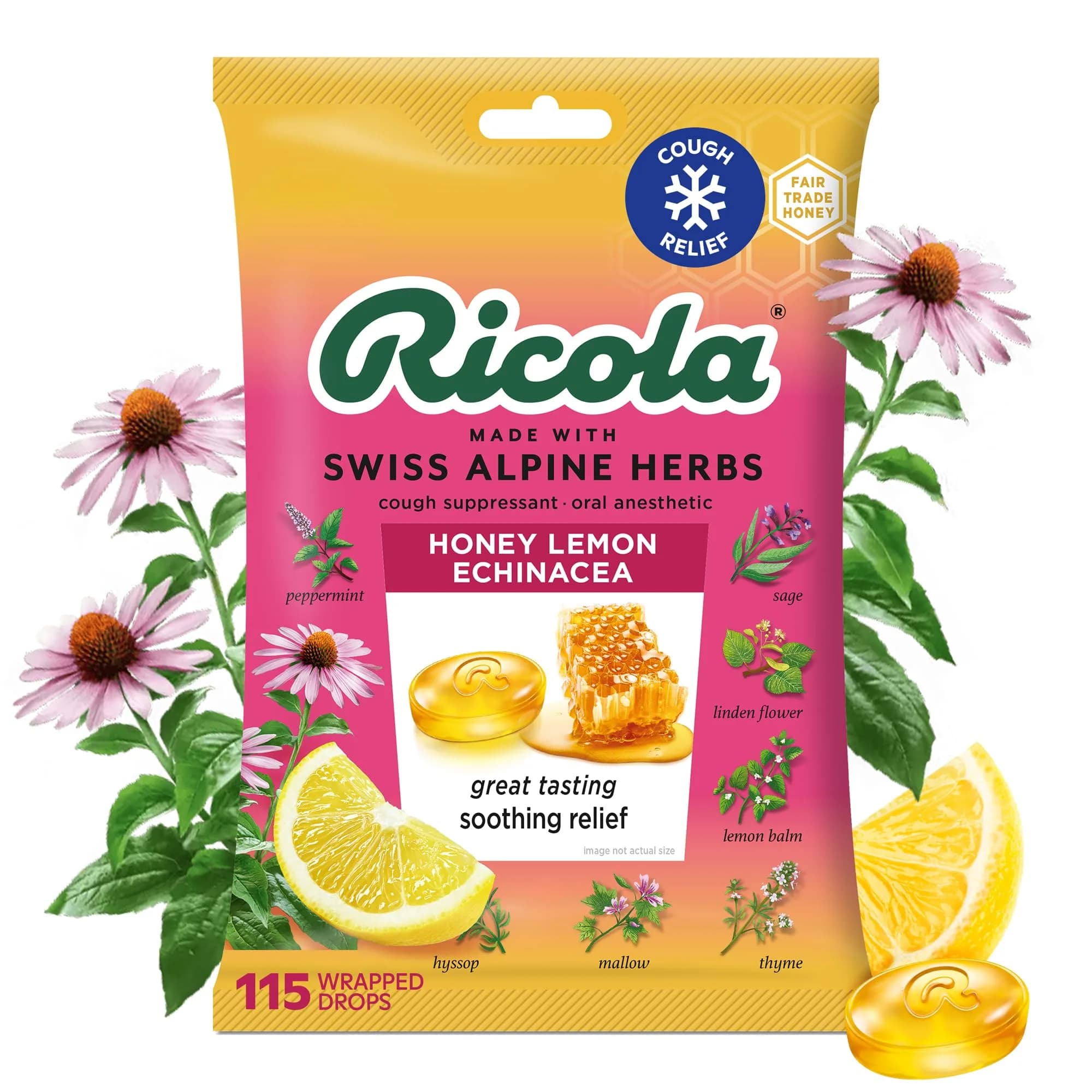 Ricola Honey Lemon Echinacea Cough Drops 115 Count | Menthol & Swiss Herbs for Throat Relief — Honey Lemon