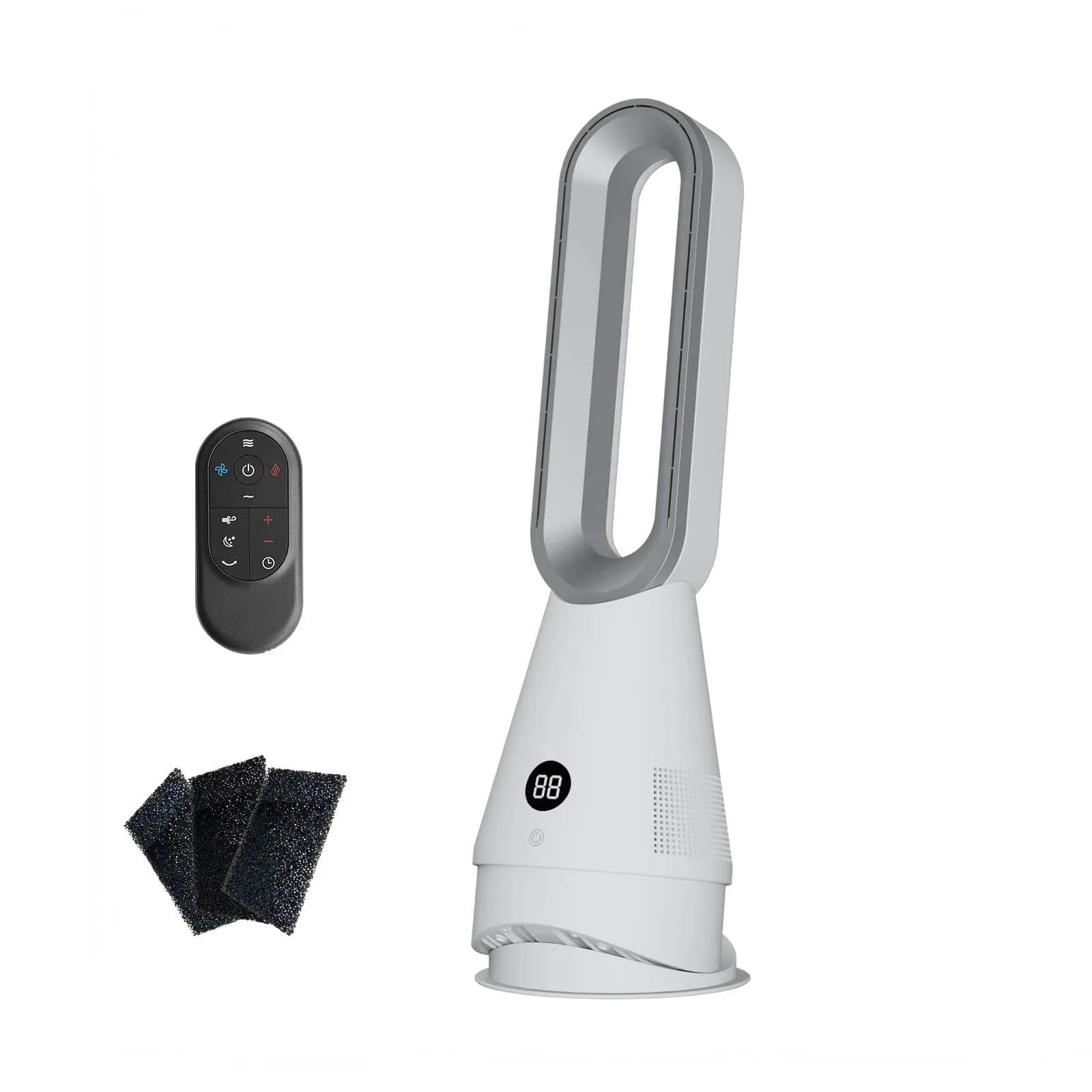 Faryuan Bladeless Fan, 25 Inch | Heating & Cooling & Filter Combo Tower Fan 80° Oscillating — White&Silver / 25 Inch