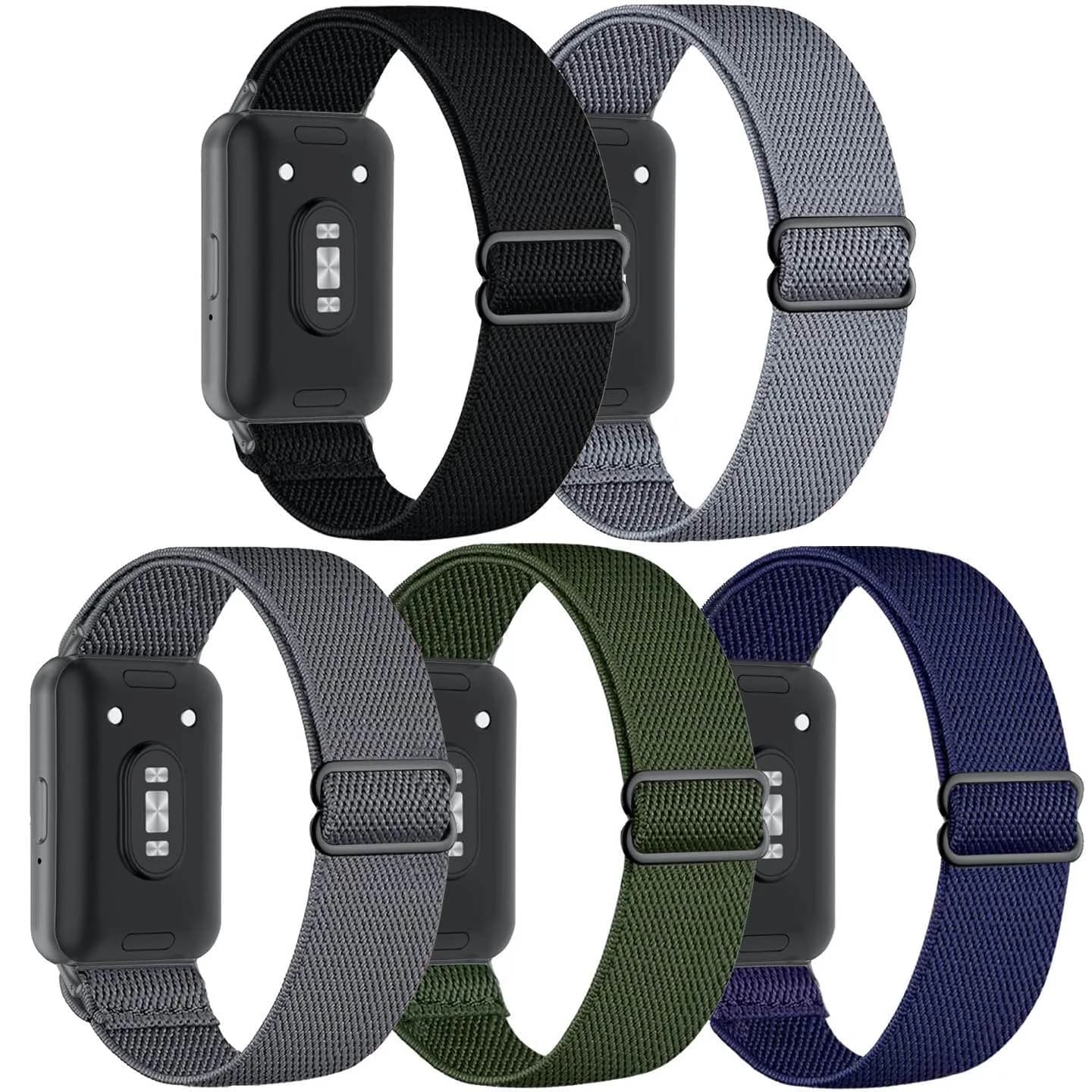 CUNUJIX 5 Pack Stretchy Watch Bands Compatible with Samsung Galaxy Fit 3 | Nylon Elastic Fabric Strap for Galaxy Fit 3 SM-R390 — Black/Blue Gray/Deep Gray/Army Green/Navy