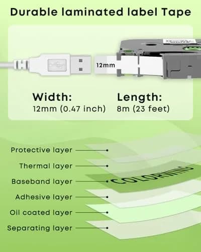 COLORWING TZe-231 Label Tape 12mm (0.47") Black on White Laminated Tape | 5-Pack Compatible for Brother P-Touch PT-D210, PT-H110, PT-D600 Label Makers thumbnail 3