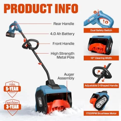 SENIX Cordless Snow Shovel 13" | Efficient, Lightweight & Dual Battery Power for Indian Winters thumbnail 5