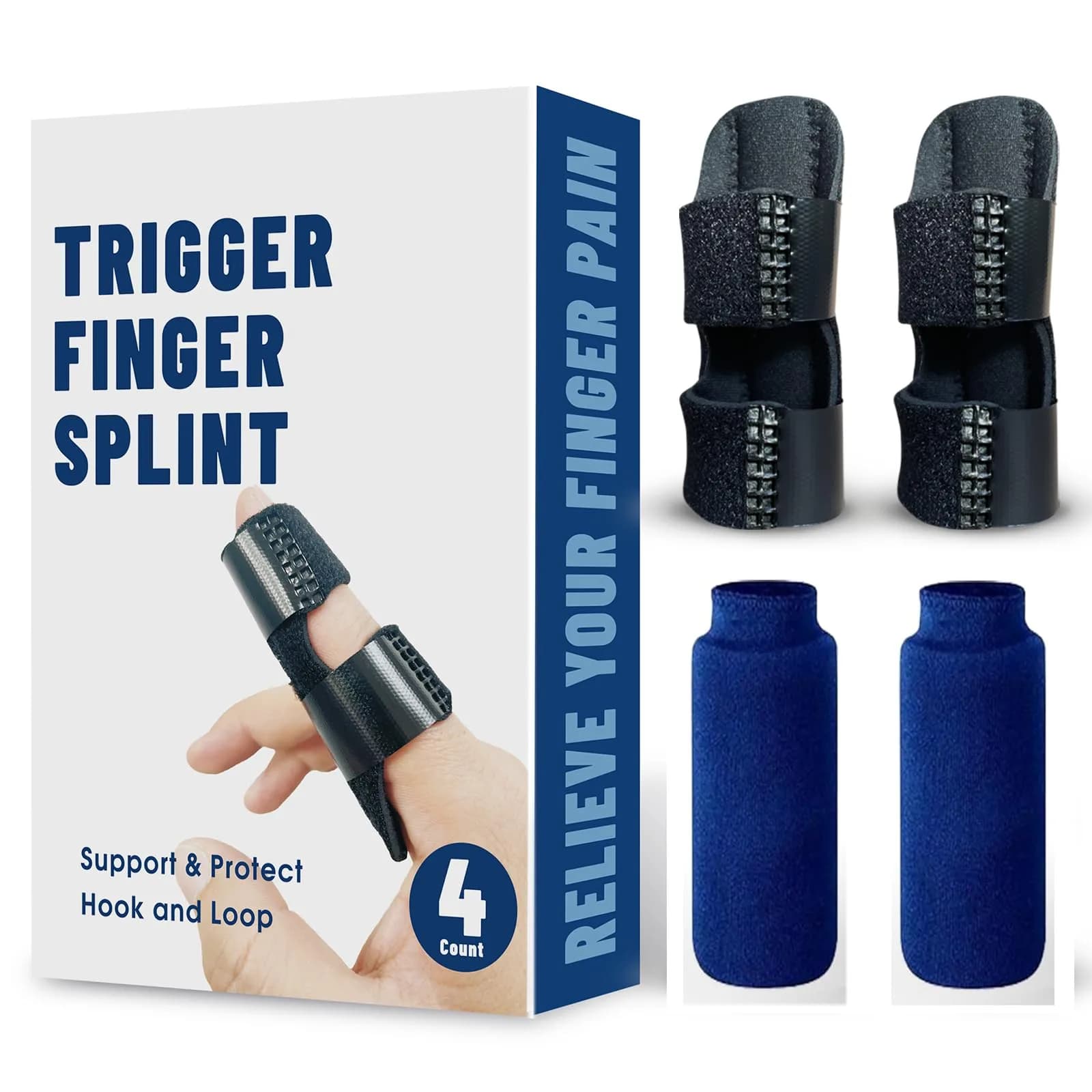 NSKONGDODO Trigger Finger Splint Brace for Knuckle Immobilization, Arthritis Relief, Pain Relief, Fits Index, Middle, Ring Fingers (2 Pack, Black) — 2 Splints+2 Ice Packs
