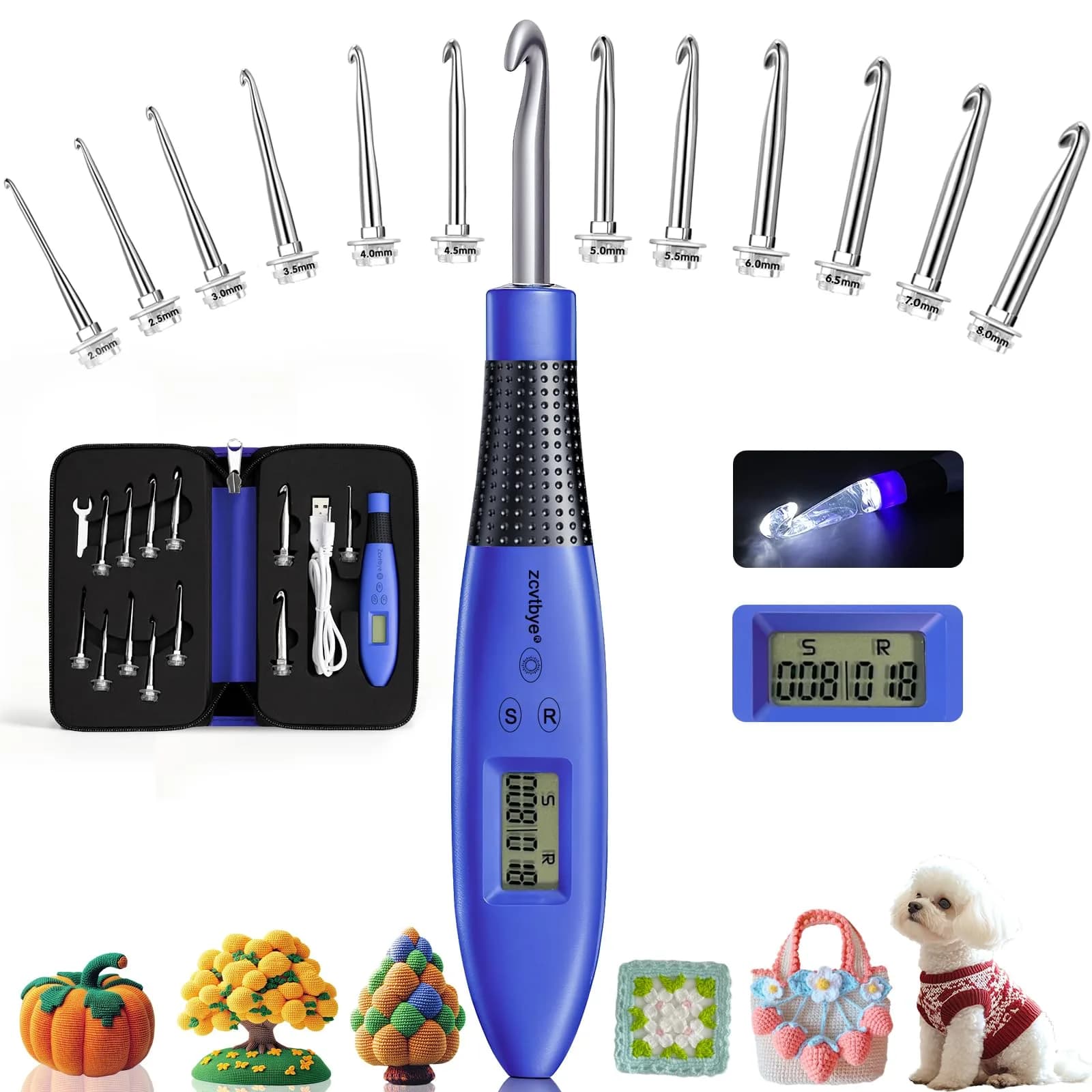 Zcvtbye Light Up Crochet Hooks Set, 22 Sizes with Digital Counters & LED Light | Ergonomic & Rechargeable — 24 Size