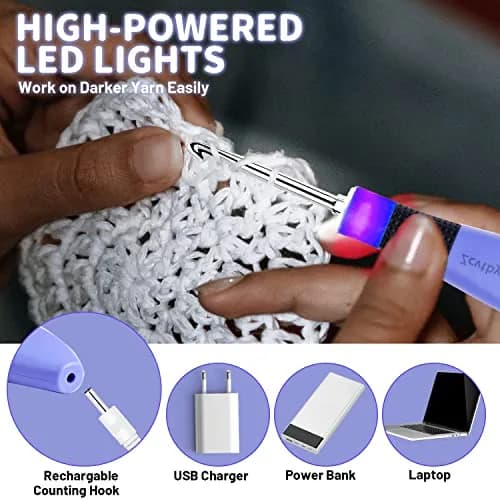 Zcvtbye Light Up Crochet Hooks Set, 24 Sizes with Light & Digital Counter | Ergonomic & Rechargeable thumbnail 2