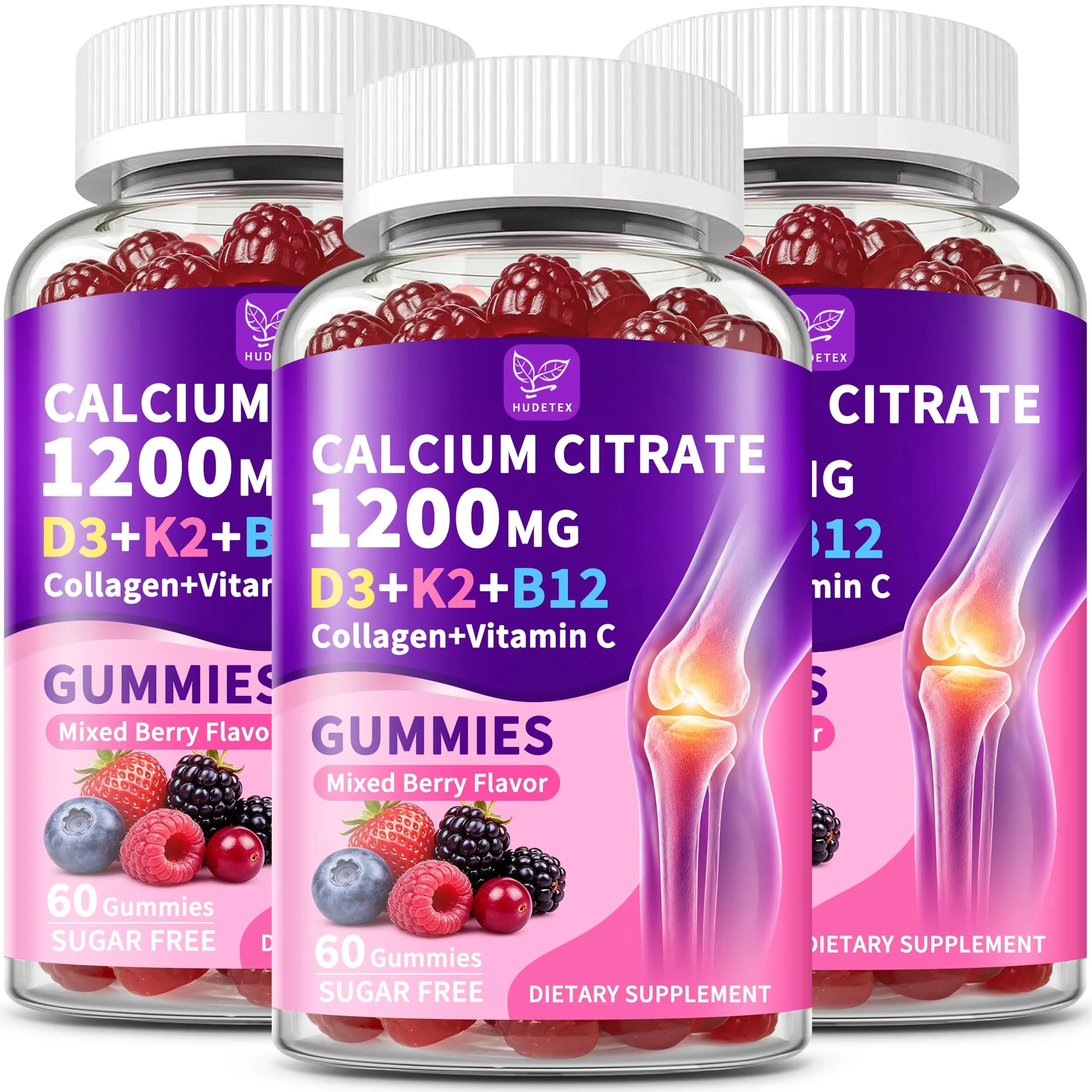 Hudetex Calcium Citrate 1200 mg Gummies with Collagen, Vitamin C D3 K2 B12 | Bone & Wellness Support