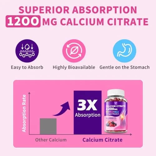 Hudetex Calcium Citrate 1200 mg Gummies with Collagen, Vitamin C D3 K2 B12 | Bone & Wellness Support thumbnail 5