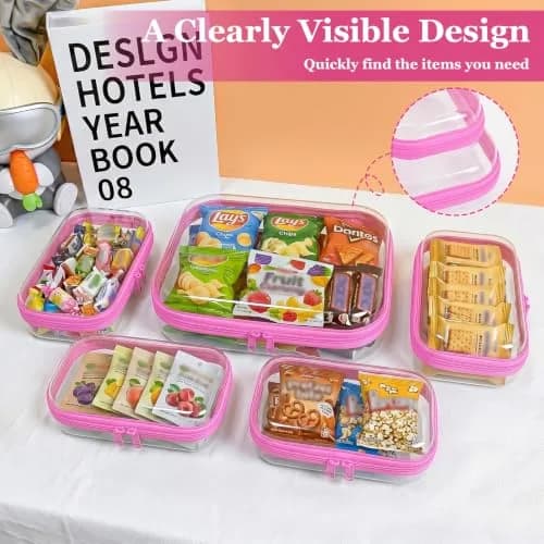 CarryEpic Clear Hard Shell Zipper Cases (5 Packs) | 4 Small, 1 Medium, Pink thumbnail 7