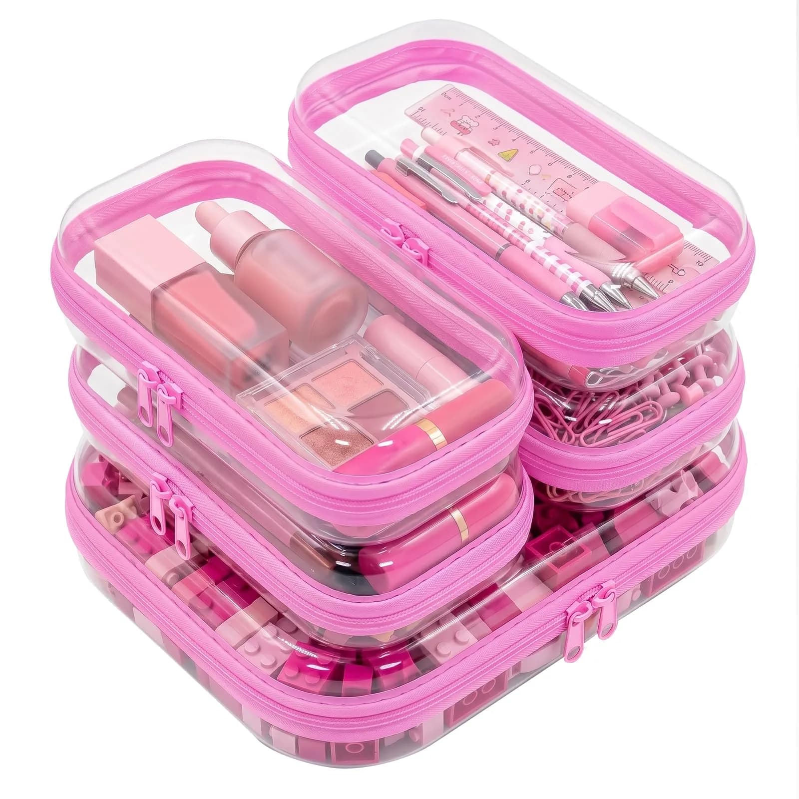 CarryEpic Clear Hard Shell Zipper Cases (5 Packs) 20.5cm (8.1in) x 25.2cm (9.9in) x 5.9cm (2.3in) | TSA Approved Travel Organizer — Pink / 1M+4S