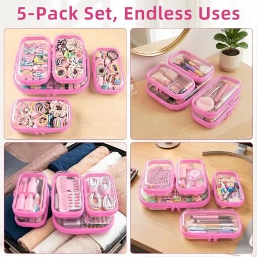 CarryEpic Clear Hard Shell Zipper Cases (5 Packs) | 4 Small, 1 Medium, Pink thumbnail 3