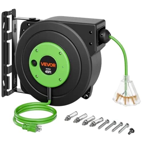 VEVOR Retractable Extension Cord Reel 45FT (13.7m) Heavy Duty 12AWG/3C SJTOW Green | Mountable Power Cord Reel for Garages & Workshops thumbnail 1