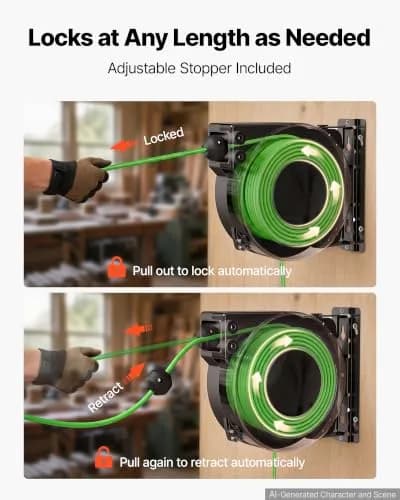 VEVOR Retractable Extension Cord Reel 45FT (13.7m) Heavy Duty 12AWG/3C SJTOW Green | Mountable Power Cord Reel for Garages & Workshops thumbnail 4