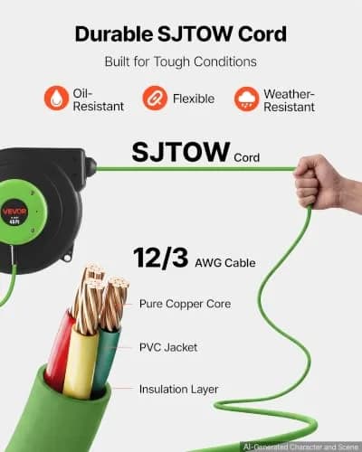 VEVOR Retractable Extension Cord Reel 45FT (13.7m) Heavy Duty 12AWG/3C SJTOW Green | Mountable Power Cord Reel for Garages & Workshops thumbnail 5