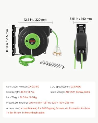 VEVOR Retractable Extension Cord Reel 45FT (13.7m) Heavy Duty 12AWG/3C SJTOW Green | Mountable Power Cord Reel for Garages & Workshops thumbnail 7