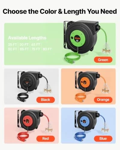 VEVOR Retractable Extension Cord Reel 45FT (13.7m) Heavy Duty 12AWG/3C SJTOW Green | Mountable Power Cord Reel for Garages & Workshops thumbnail 8