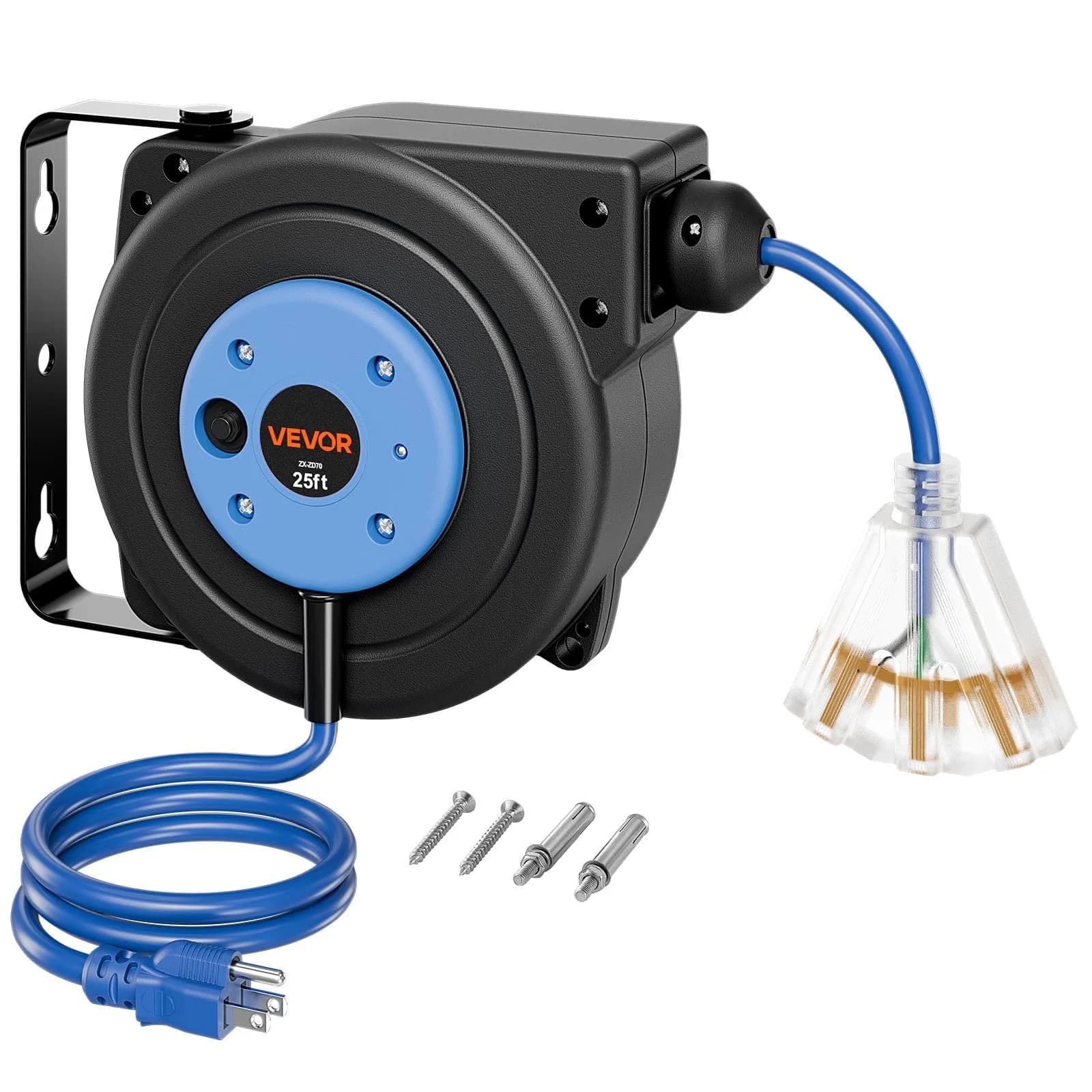 VEVOR Retractable Extension Cord Reel 25FT Heavy Duty 14AWG/3C SJTOW Blue | Durable Wall Mount Power Reel with 25 ft Cord — Blue