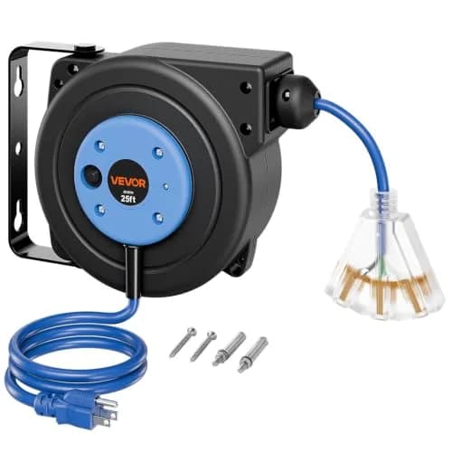 VEVOR Retractable Extension Cord Reel 25FT Heavy Duty 14AWG/3C SJTOW Blue | Durable Wall Mount Power Reel with 25 ft Cord thumbnail 1