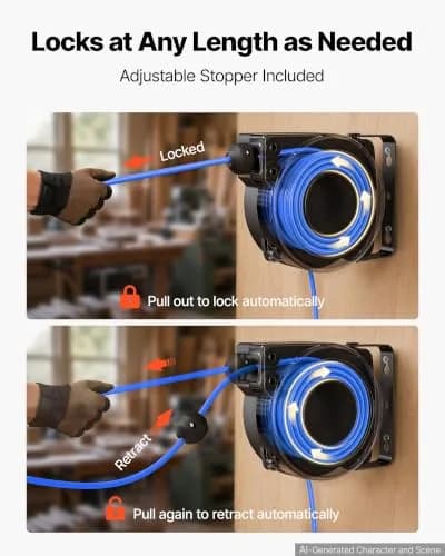 VEVOR Retractable Extension Cord Reel 25FT Heavy Duty 14AWG/3C SJTOW Blue | Durable Wall Mount Power Reel with 25 ft Cord thumbnail 4
