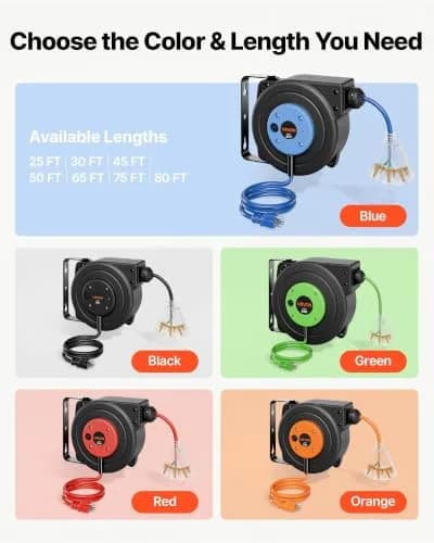 VEVOR Retractable Extension Cord Reel 25FT Heavy Duty 14AWG/3C SJTOW Blue | Durable Wall Mount Power Reel with 25 ft Cord thumbnail 8
