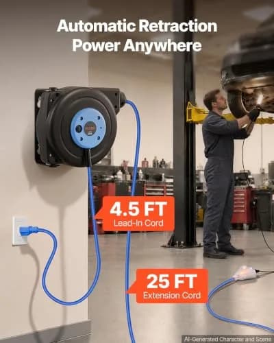 VEVOR Retractable Extension Cord Reel 25FT Heavy Duty 14AWG/3C SJTOW Blue | Durable Wall Mount Power Reel with 25 ft Cord thumbnail 2