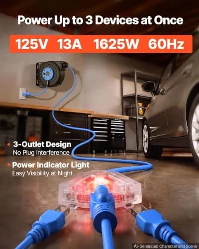 VEVOR Retractable Extension Cord Reel 25FT Heavy Duty 14AWG/3C SJTOW Blue | Durable Wall Mount Power Reel with 25 ft Cord thumbnail 3