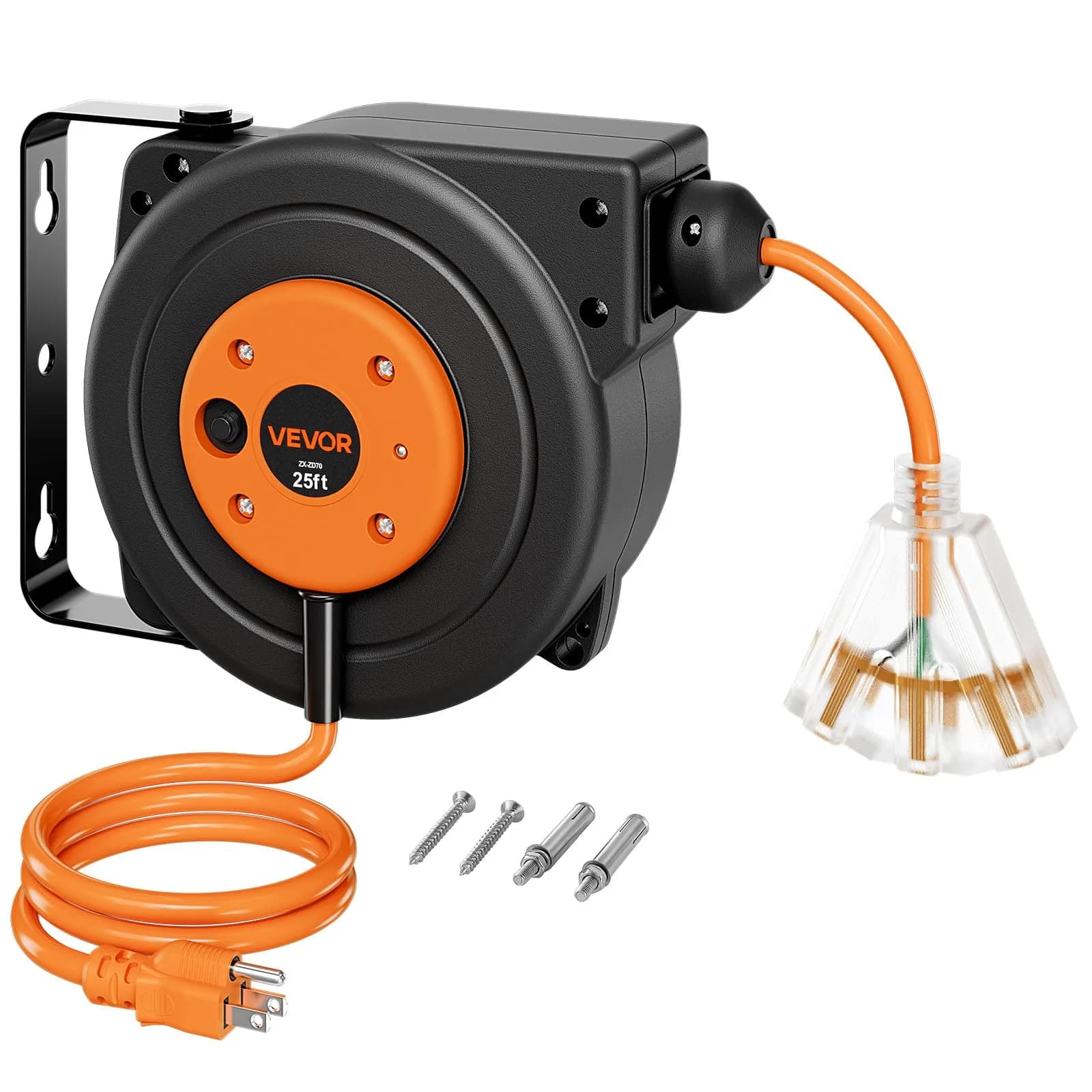 VEVOR Retractable Extension Cord Reel 25FT (7.6m) Heavy Duty 14AWG/3C SJTOW Orange | Mountable Power Outlet with Triple Tap