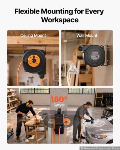 VEVOR Retractable Extension Cord Reel 25FT (7.6m) Heavy Duty 14AWG/3C SJTOW Orange | Mountable Power Outlet with Triple Tap thumbnail 6