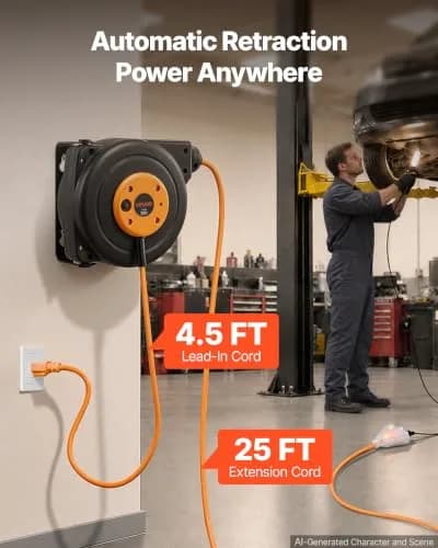 VEVOR Retractable Extension Cord Reel 25FT (7.6m) Heavy Duty 14AWG/3C SJTOW Orange | Mountable Power Outlet with Triple Tap thumbnail 2